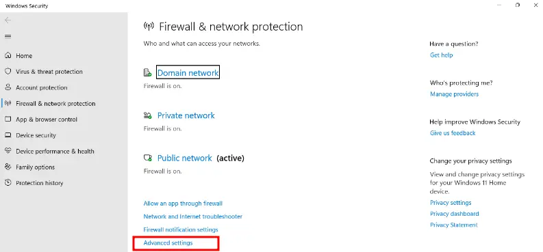 Windows Advanced settings Advanced settings