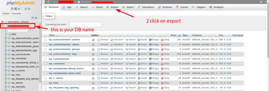 5 Best Ways to Backup WordPress Site Easily 11 phpMyAdmin mySQL database interface with export button