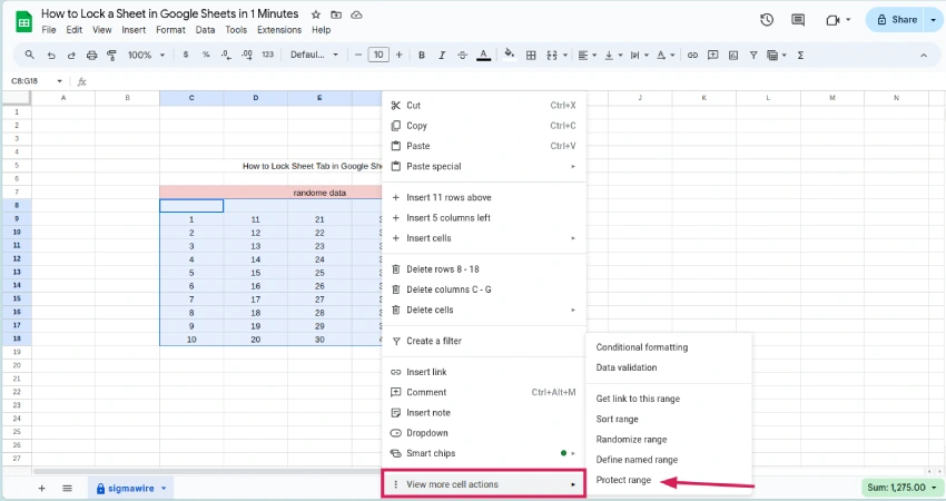 How to Lock a Sheet in Google Sheets in 1 Minutes 6 view more action to protect the cell range