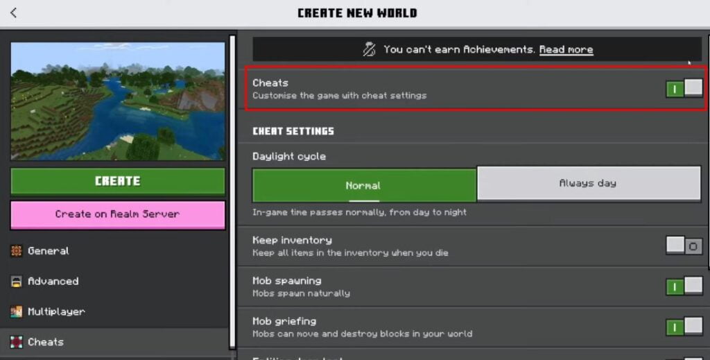 Enabling cheat mode in Minecraft