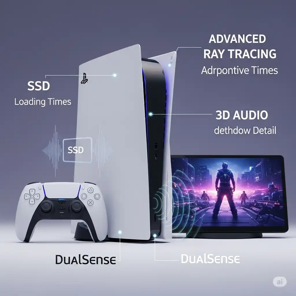 How the PS5 Revolutionizes Gaming with Its Innovative Features? 5 PlayStation 5 console showcasing SSD, Advanced Ray Tracing, 3D Audio, and DualSense controller features