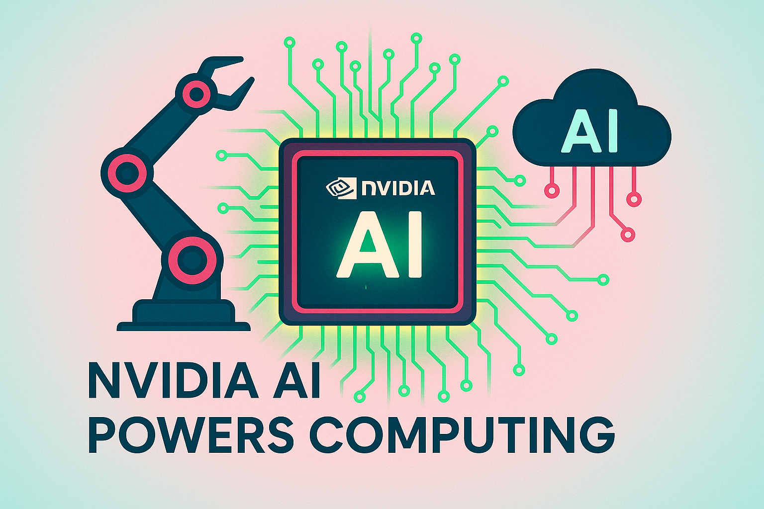 Professional thumbnail showing NVIDIA GPU chip, robotic arm, and AI data cloud representing AI advancements in computing by NVDA.