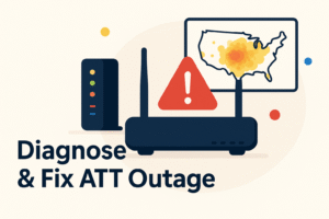 Professional thumbnail showing home WiFi router with warning sign, modem and outage map, for diagnosing and fixing ATT internet outages.
