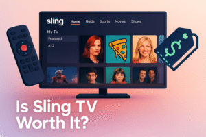 Sling TV featured blog thumbnail showing a modern TV interface, remote control, and price tag with bold question text at the bottom left.