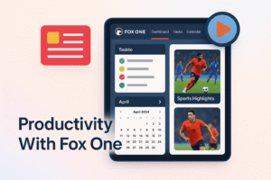 Modern tablet displaying Fox One interface surrounded by news and sports icons on a clean gradient background, for boosting streaming productivity.