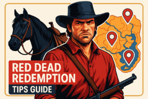 Featured image showing John Marston, a horse, and open world map icons, with a bold tips guide headline for Red Dead Redemption blog.