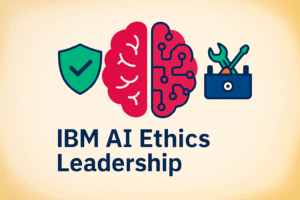 Professional business thumbnail with stylized AI brain, shield for ethics, and open-source tool icons highlighting IBM AI ethics leadership.