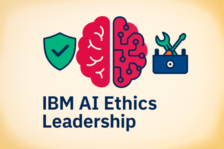 Professional business thumbnail with stylized AI brain, shield for ethics, and open-source tool icons highlighting IBM AI ethics leadership.