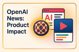 OpenAI news blog thumbnail showing AI product icon with browser and video app visuals representing product launches and industry impact.