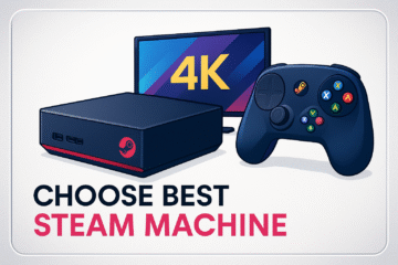 Blog thumbnail showing a Steam Machine gaming console with a TV and game controller for choosing the best Steam Machine setup.