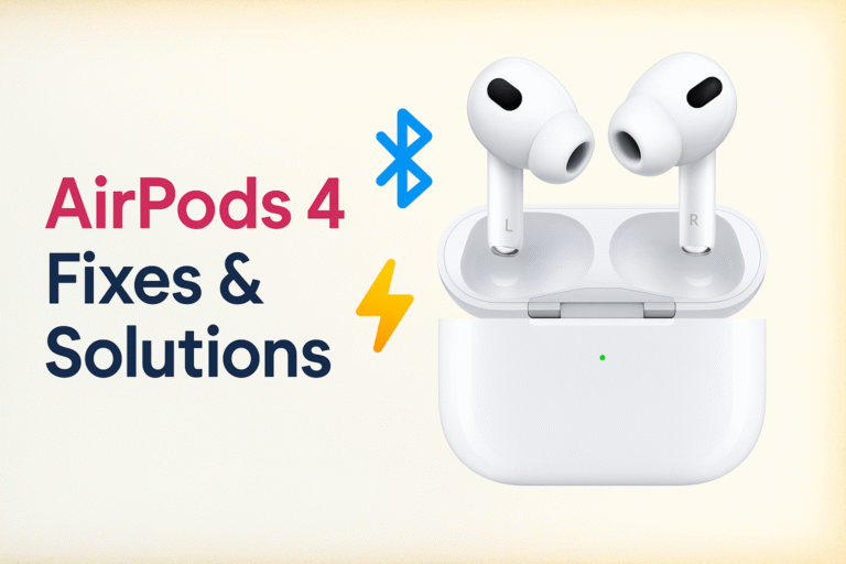 AirPods 4 earbuds and case with Bluetooth and battery icons in a clean, professional layout illustrating solutions for common AirPods 4 issues.