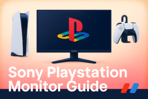 Featured image showing a Sony PlayStation gaming monitor with PS5 console and DualSense controller, highlighted for a buying guide.