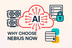 Thumbnail image for blog about Nebius showing central AI cloud, GPU cluster and secure data center, highlights Nebius as a leading AI infrastructure choice.