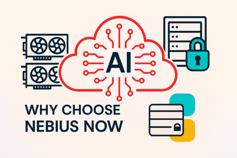Thumbnail image for blog about Nebius showing central AI cloud, GPU cluster and secure data center, highlights Nebius as a leading AI infrastructure choice.