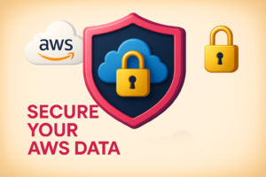 AWS security blog thumbnail featuring shield, AWS cloud icon, and lock to illustrate best practices for securing AWS data.