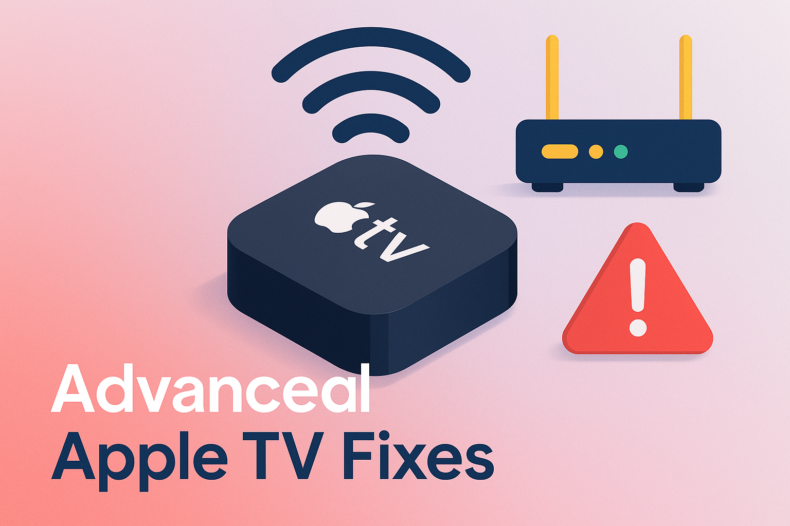Professional Apple TV troubleshooting thumbnail showing Apple TV device with network and error icons, highlighting advanced troubleshooting tips.