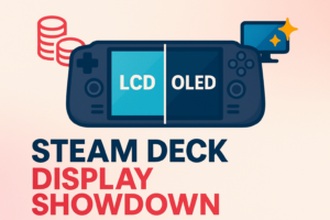 Steam Deck LCD vs OLED display comparison graphic with split device, budget and premium highlights, for gaming hardware blog thumbnail.