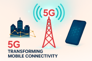 Eye-catching thumbnail showing 5G tower, smart city, and modern mobile device highlighting 5G transformation in mobile connectivity.
