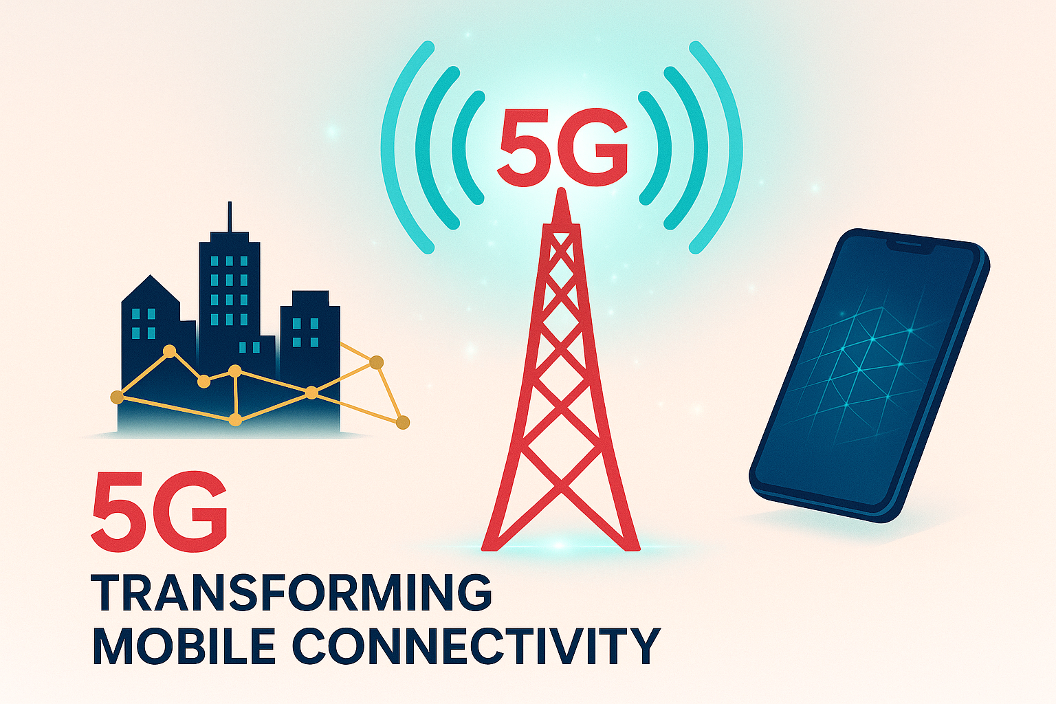 Eye-catching thumbnail showing 5G tower, smart city, and modern mobile device highlighting 5G transformation in mobile connectivity.