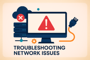 Blog thumbnail showing computer monitor with warning icon, server and broken cable representing Steam downtime, clean style.