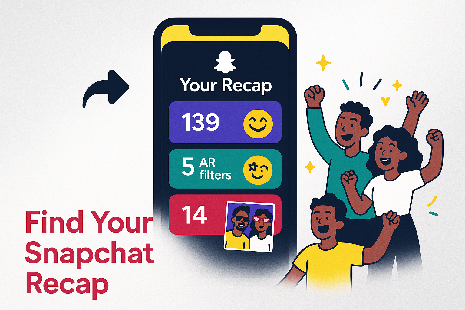 Eye-catching graphic of a smartphone displaying a colorful Snapchat Recap story, with share icon, group of friends, and bold heading about Snapchat recap.