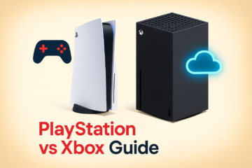 PlayStation vs Xbox thumbnail image showing 3D consoles, controller, and cloud gaming icon for a buyer's guide.