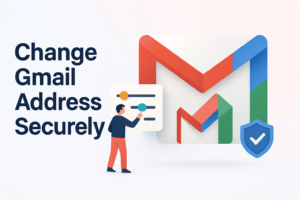 Blog thumbnail showing Gmail envelope icon transitioning to a new address with settings and security graphics, highlighting securely changing Google Gmail address.