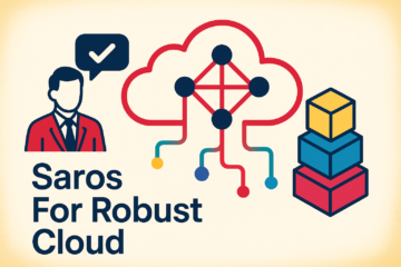 Central cloud infrastructure illustration with consulting and modular technology elements, representing Saros for robust cloud solutions, clean business graphic.