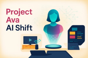 Thumbnail illustration of Project Ava showing a holographic AI desk companion, a smart TV voice assistant scene, and abstract software architecture to represent modern AI software development.