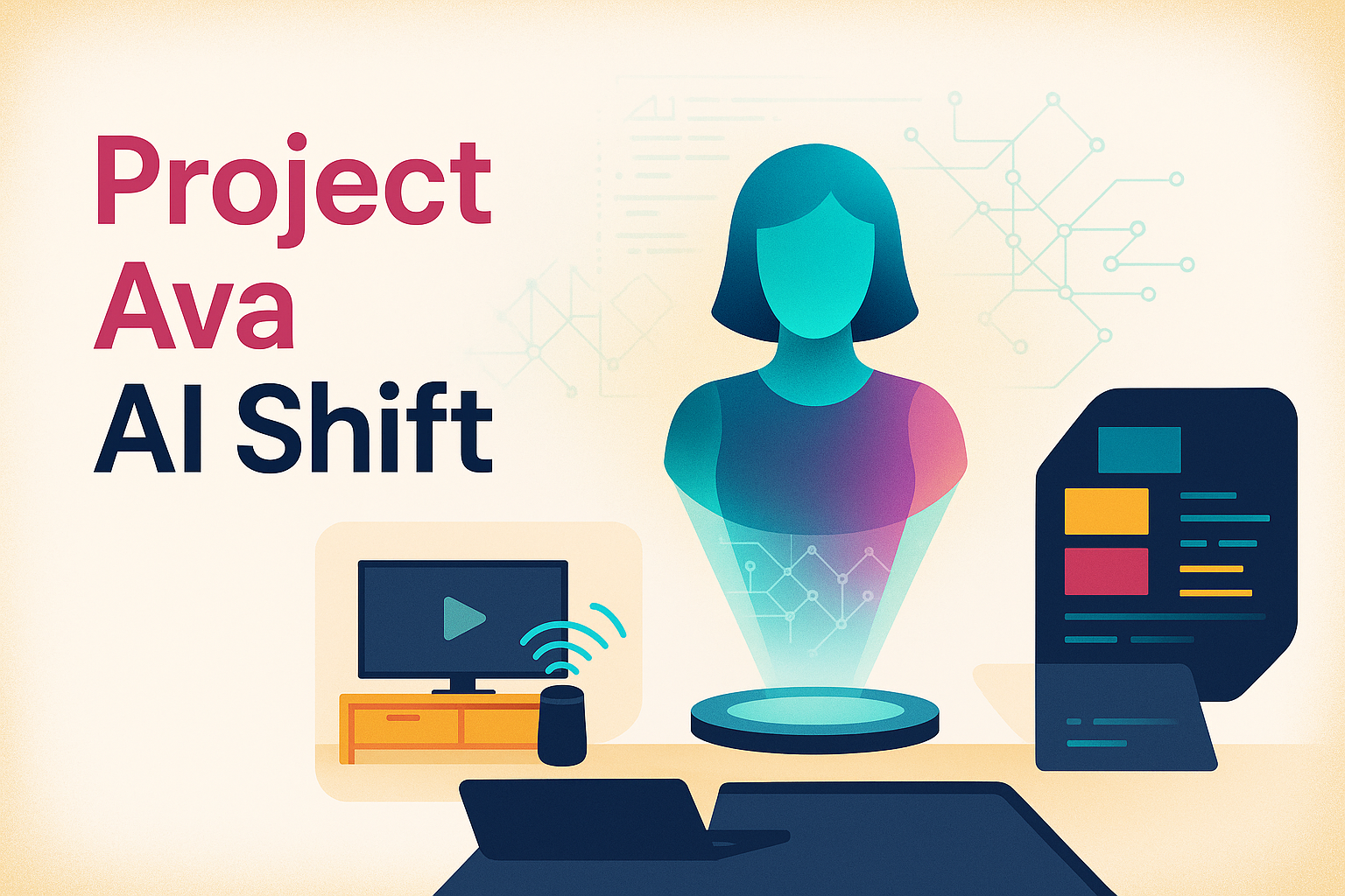 Thumbnail illustration of Project Ava showing a holographic AI desk companion, a smart TV voice assistant scene, and abstract software architecture to represent modern AI software development.