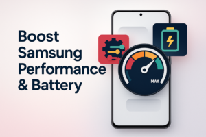 Thumbnail illustration of a Samsung smartphone with speed and battery icons representing optimizing Samsung performance and battery life.