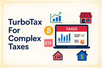 Illustration of tax software on a laptop surrounded by icons for investments, rentals, and self-employment, representing TurboTax use in complex tax situations.