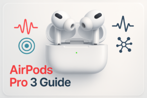Blog thumbnail showing Apple-style AirPods Pro 3 with charging case, sound waves, and health-tracking icons for a features and design buying guide.