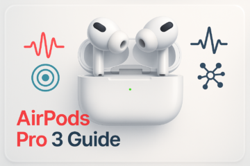 Blog thumbnail showing Apple-style AirPods Pro 3 with charging case, sound waves, and health-tracking icons for a features and design buying guide.