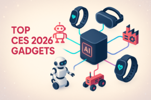 Thumbnail illustration of top CES 2026 gadgets including an AI home hub, service robot, and wearable devices connected in a futuristic tech network.